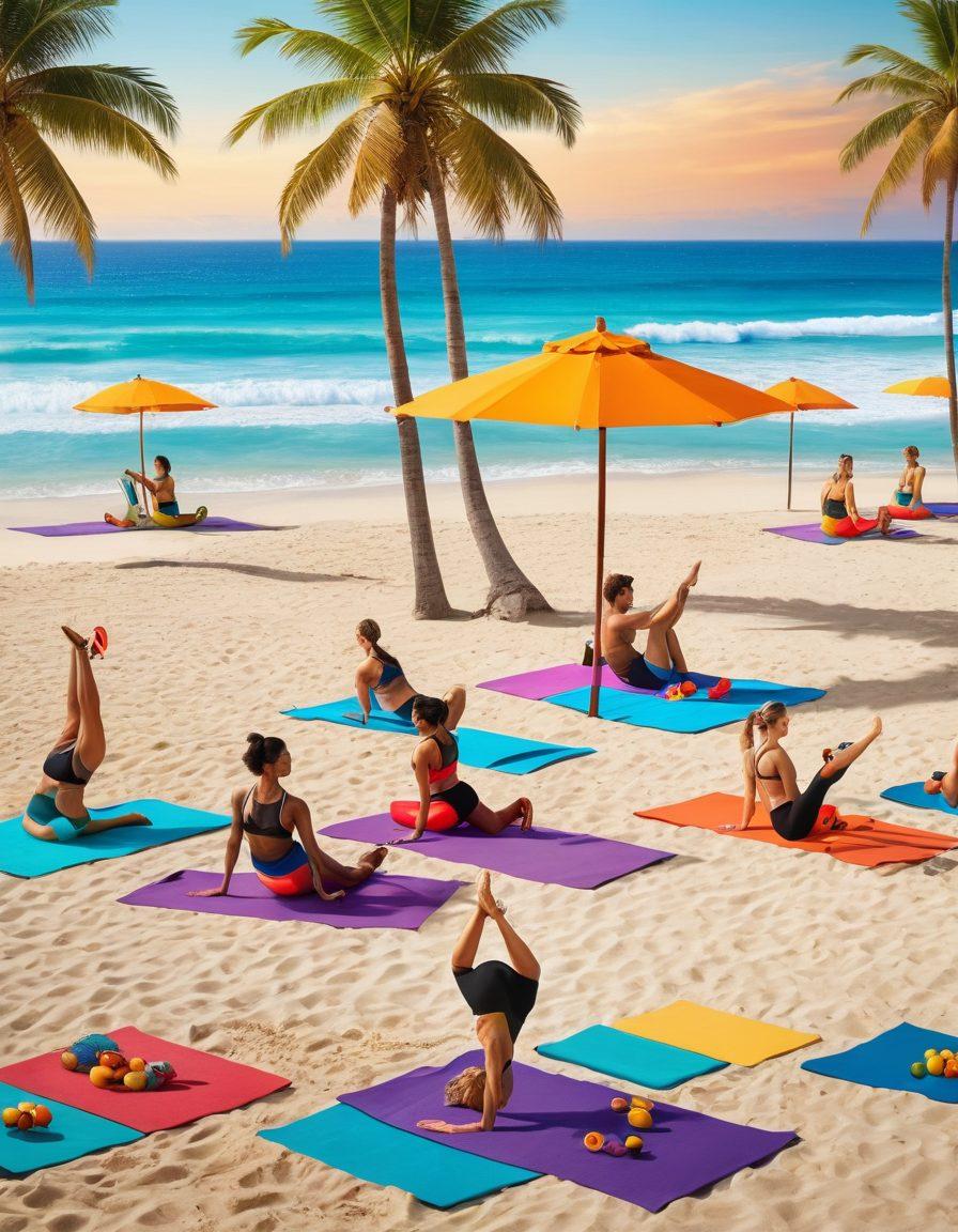 A dynamic collage showcasing a vibrant transition from thongs on a sunny beach to an engaging fitness scene with people exercising and meditating. Include elements of healthy food, wellness symbols like yoga mats and dumbbells, and various testing equipment to signify health optimization. The background should blend beach vibes with a modern gym atmosphere. super-realistic. vibrant colors. bright background.