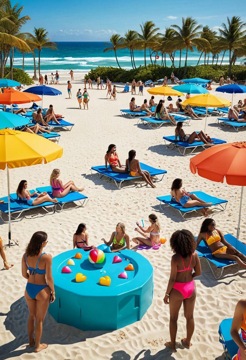 A vibrant beach scene showcasing a diverse group of people enjoying a sunny day, each demonstrating confidence in their bikini bodies. In the foreground, a bright, open lab with colorful vials and lab equipment symbolizing health screenings. A backdrop of health-related icons like hearts and wellness symbols blends into the beach setting. This image inspires a balance of fun and health awareness. super-realistic. vibrant colors. 3D.